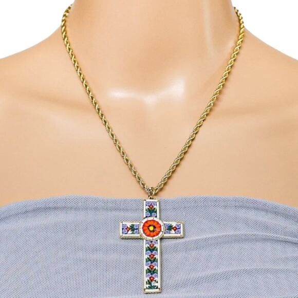 Vintage Italian Micro Mosaic Cross Pendant Necklace, Gold Tone Rope Chain - Picture 2 of 5